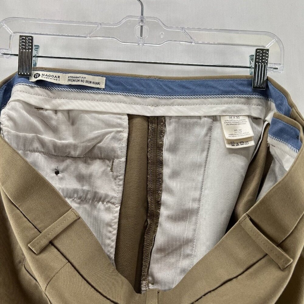 Haggar Pants Mens Sz 38x30 Chino Straight Fit Flat Front Twill Cotton Tan Brown - Picture 10 of 10